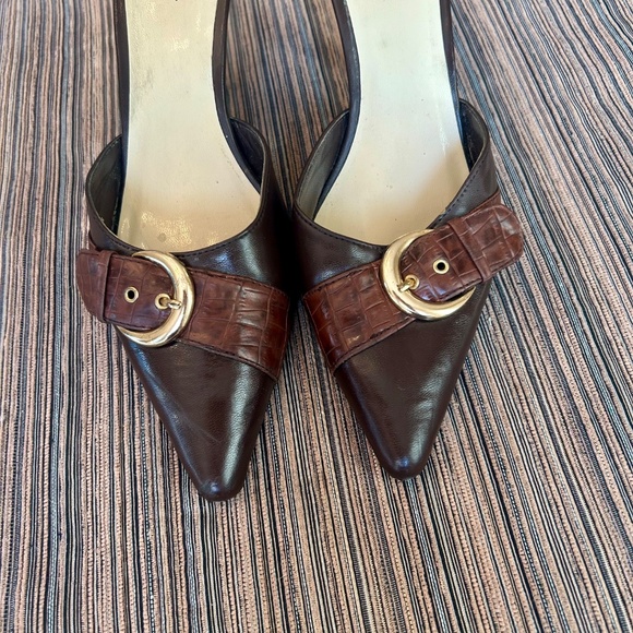 Impo Brown Leather Slides with Alligator Print Strip & Buckle Size 9 - Picture 3 of 7